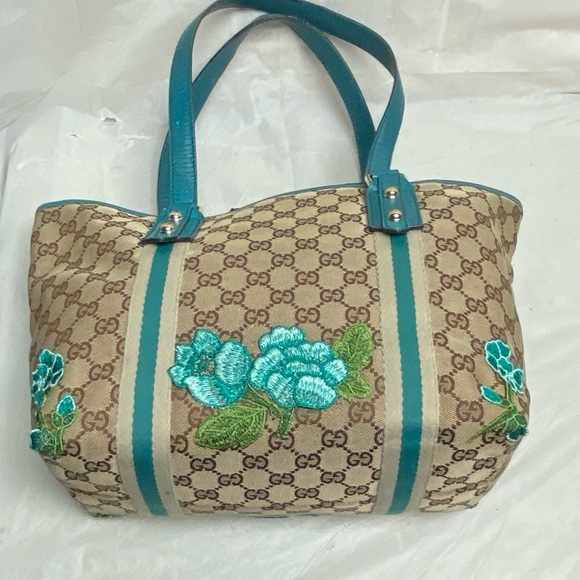 (SOLD) Vintage, Gucci, Rare, GG Coated Canvas with Teal Leather Shoulder Strap - Picture 7 of 12